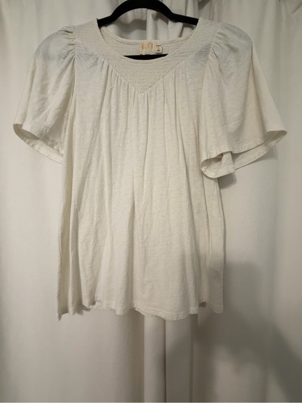 Nation LTD Cream Smocked Yoke Flutter Sleeve 100% Pima Cotton Top Size S
